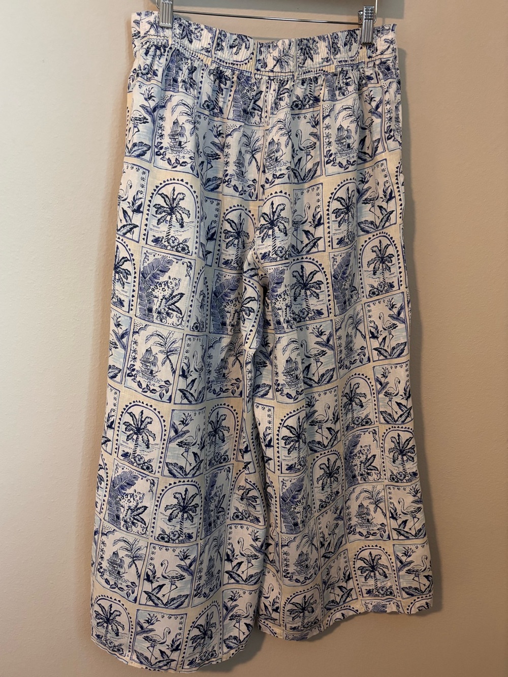 C & C CALIFORNIA 100% LINEN WIDE LEG CROP PANTS TROPICAL SCENIC PATCHWORK - Picture 3 of 9